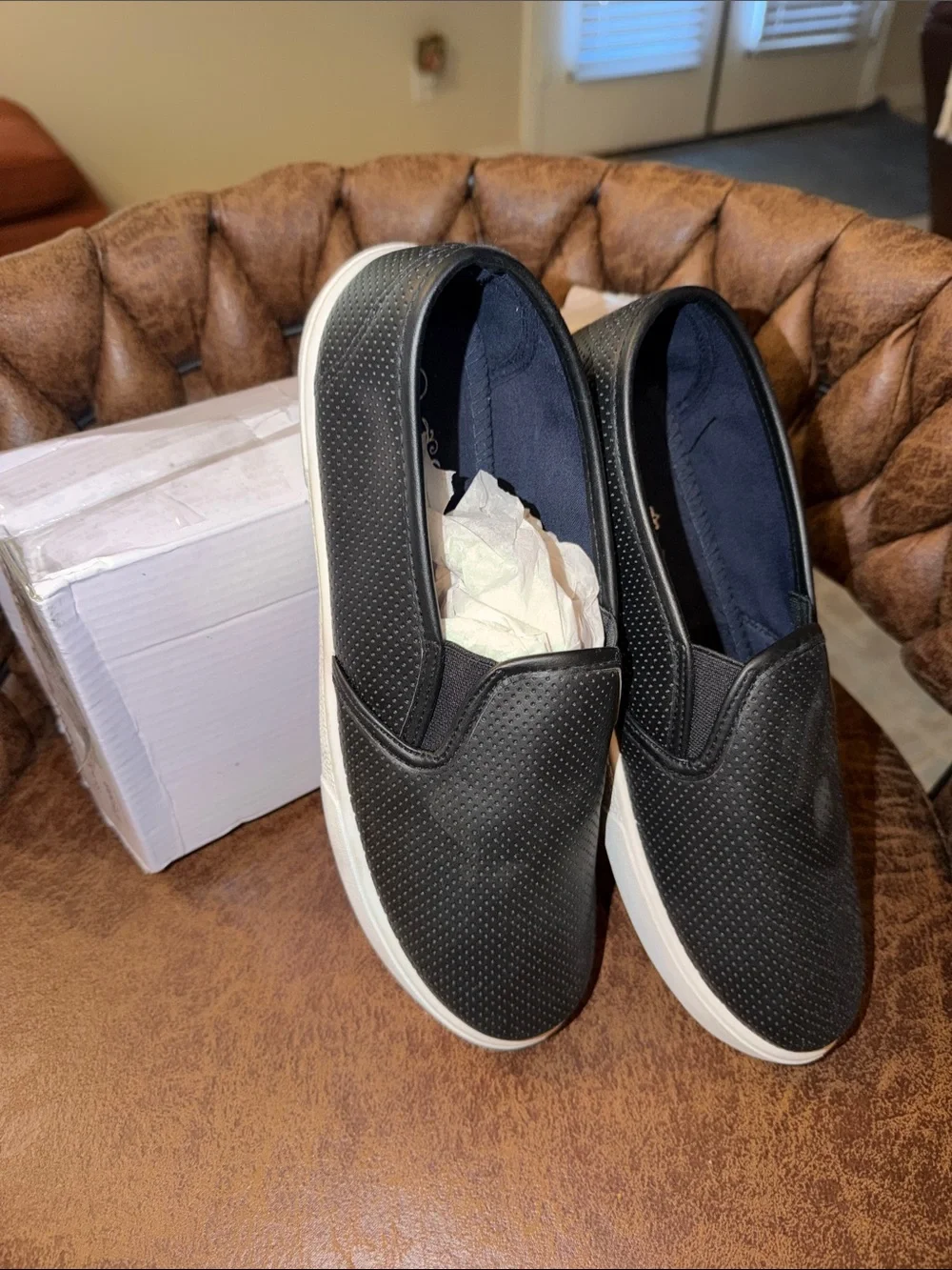Charles Albert Black Perforated Slip-On Sneakers with White Sole